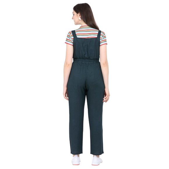 Women Solid Dungaree With Strip Printed Crop Top - Picture 4 of 4
